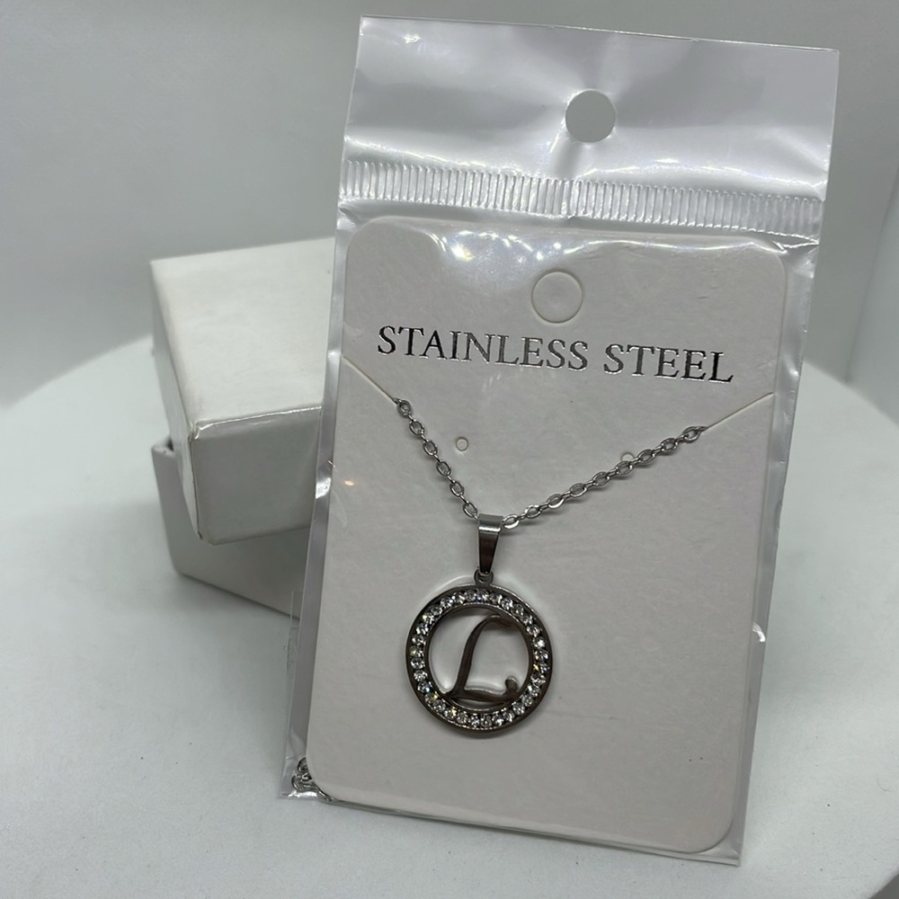 L Initial Rhinestone Silver Stainless Steel Necklace